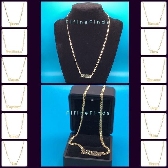 ⭐️Aries Zodiac Nameplate 14k Gold Figaro Chain Necklace 🌙 - Picture 3 of 14